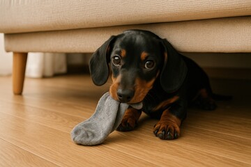 Dachshund puppy hiding under couch with sock