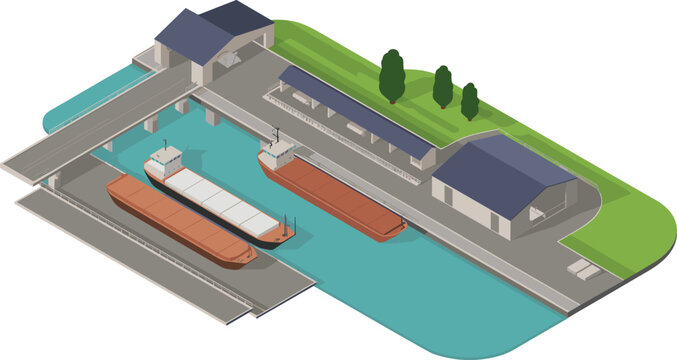 Isometric river port logistics illustration with cargo ships, docks, warehouses, and industrial harbor infrastructure for freight transportation and supply chain operations