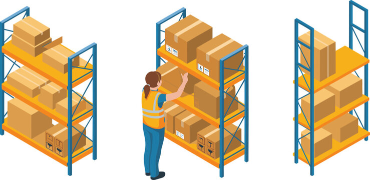 Isometric warehouse inventory management illustration with worker organizing boxes on storage shelves, logistics distribution center, supply chain and stock control concept