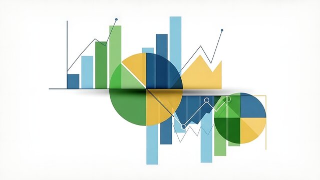 A clear and professional data visualization displays an assortment of modern business charts and graphs, including bar charts and pie charts, against a clean white background. - Powered by Adobe