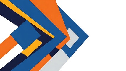 A bold and dynamic abstract background presents an intricate composition of overlapping geometric shapes in vibrant orange, deep blue, bright yellow, and subtle grey.