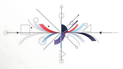 An elegant abstract geometric design with a radial composition, featuring lines, arcs, circles, and colorful segments.