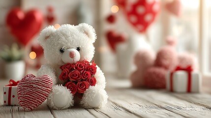 Cute white teddy bear holding bouquet of red roses for Valentine's Day celebration and love display in cozy setting
