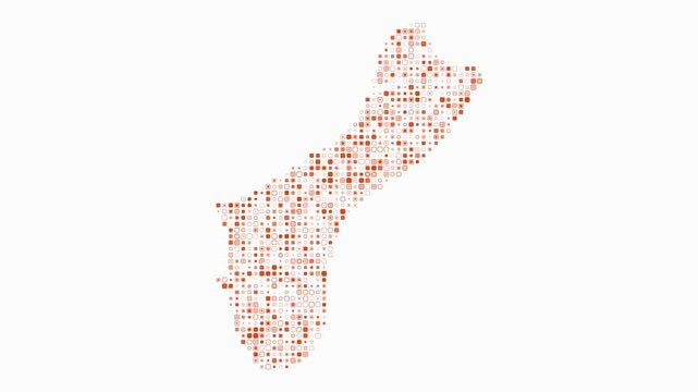 Guam map animation. Shape of the country with pulsating colored dots. Small size rounded square blocks. Digital style Guam map on white background. Creative video.
