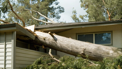 Tree falls on a house roof during storm concept. A damaged house with a fallen tree on the roof during a storm.