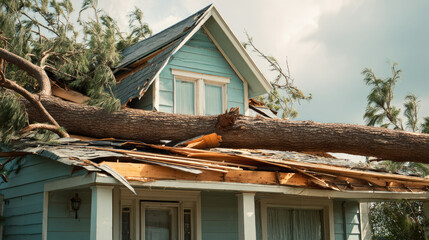 Tree falls on a house roof during storm concept. A house damaged by a fallen tree after a severe storm event.