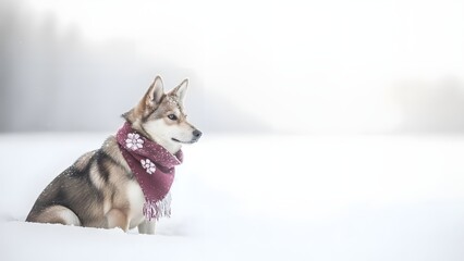 A dog wearing a red scarf sits serenely in a snowy landscape viewed from behind