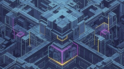 An intricate isometric grid of a futuristic city or abstract data network, with glowing neon lines highlighting pathways and connections in blue and purple hues.
