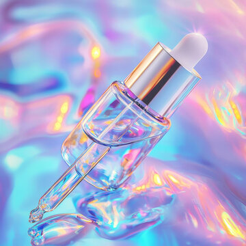 Clear glass dropper bottle with liquid on a vibrant, wavy iridescent surface reflecting blue, pink, and purple light