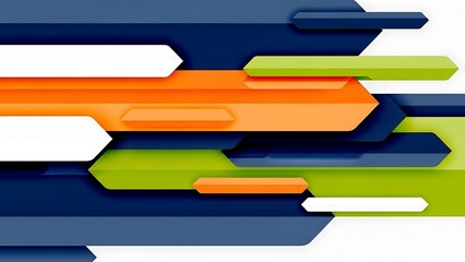 An energetic abstract background features dynamic overlapping horizontal arrow-like shapes in a striking combination of blue, orange, green, and white.