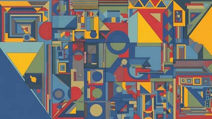 A vibrant, complex mosaic of abstract geometric shapes in blue, red, yellow, and green forms an engaging and dynamic background.
