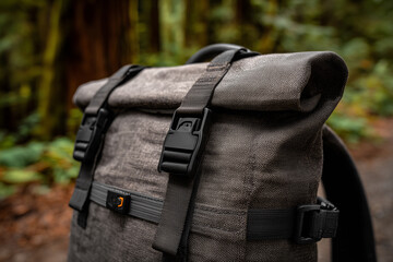 Durable gray backpack with black straps in a forest setting