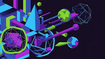 A mesmerizing abstract digital artwork displays complex interconnected 3D geometric shapes in vibrant neon colors on a dark background.