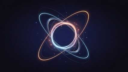 A stunning abstract representation of glowing atomic or orbital rings with luminous particles spinning around a central core on a dark background.