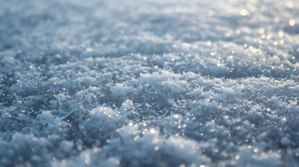 A close-up view of snow-covered ground with sunlight reflecting off the icy surface, capturing the texture and beauty of winter