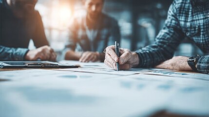 Obraz premium Focused colleagues collaborate intensely, reviewing documents at a meeting table.