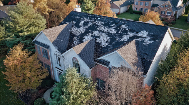Roof with hail damage marked by inspection chalk concept. Aerial view of a house with damaged roof and fall foliage.