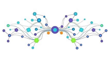 A dynamic abstract illustration showing connected dots and lines forming a symmetrical network on a white background, representing data flow and technology.