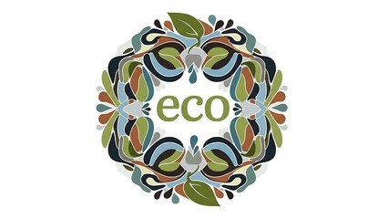 A beautiful eco-friendly design featuring a vibrant circular wreath of stylized leaves and organic shapes surrounding the word 'eco' in the center.