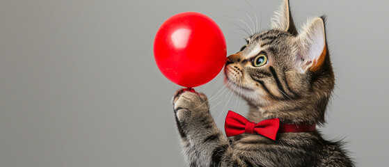 Curious tabby kitten in a red bow tie playfully bats at a vibrant red balloon against a plain gray background