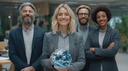 A group of diverse business professionals stands together, holding a globe, exuding confidence and teamwork in a modern office environment.