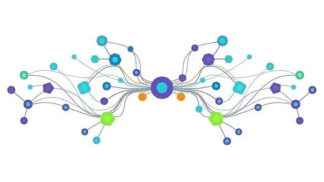 A dynamic abstract illustration showing connected dots and lines forming a symmetrical network on a white background, representing data flow and technology. - Powered by Adobe