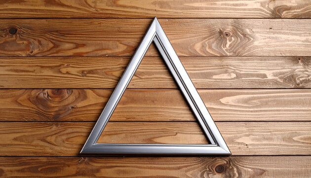 A metallic, silver-colored equilateral triangle rests upon a backdrop of horizontally-aligned wooden planks, showing their warm, natural grain