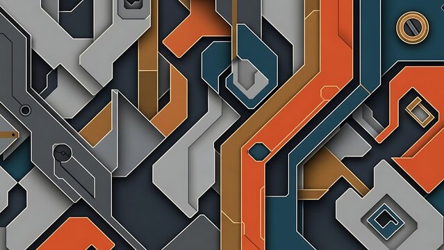 A complex and detailed abstract geometric pattern featuring interlocking shapes and lines in shades of orange, blue, grey, and brown. - Powered by Adobe