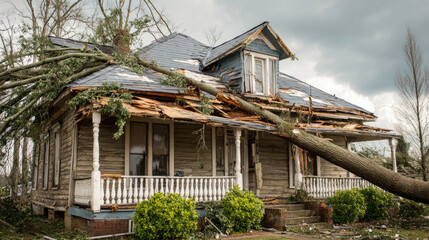 Tree falls on a house roof during storm concept. Damaged house after a storm with fallen tree and gray skies.