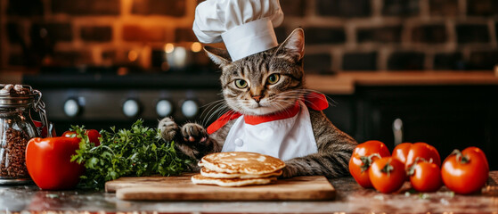 Cute tabby cat chef cooking in a kitchen, with pancakes, red tomatoes, and fresh green herbs on the counter