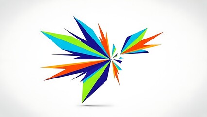 A vibrant and dynamic abstract geometric explosion featuring sharp, colorful polygonal shards radiating outwards from a central point against a white background.