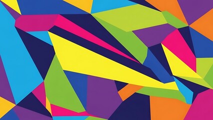 A vibrant and dynamic abstract background features a complex mosaic of bright, angular geometric shapes in various colors.