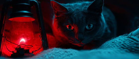 Dark cat with one eye reflecting red light from an antique lantern, contrasting with cool blue hues on a textured surface