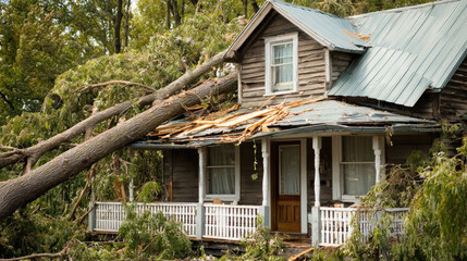 Tree falls on a house roof during storm concept. House damaged by fallen tree after severe storm impact.