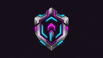 A metallic hexagonal shield badge with vibrant glowing blue and magenta lines, conveying a sense of futuristic technology and achievement on a dark background.