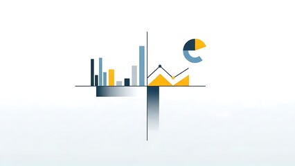 A clean and modern minimalist illustration depicting various business data visualization elements, including bar charts, a line graph, and a pie chart on a white background.