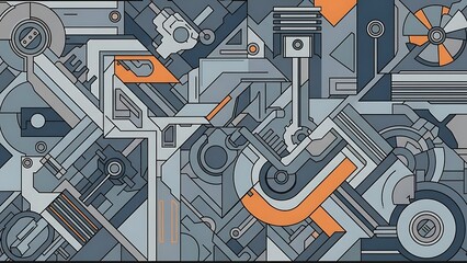 An intricate and detailed flat design abstract background depicting an assortment of mechanical engine parts and gears in a muted color palette.