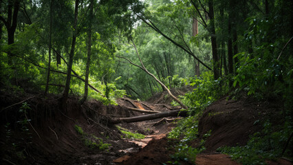 Path in the forest with village landslide road concept. Lush forest landscape showcasing fallen trees and green foliage.