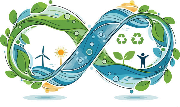 An illustration of an infinity symbol representing circular economy and sustainability, featuring elements like wind turbines, sun, leaves, water, recycling, and a person.