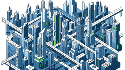 An intricate isometric illustration presents a sprawling futuristic smart city skyline with towering skyscrapers and a complex network of elevated highways.