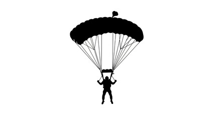 Silhouette of a Skydiver Descending with Open Parachute Against a White Background © n_laeli