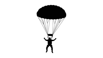 Silhouette of a skydiver in freefall with parachute deployed against a white background © n_laeli