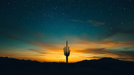 Desert night with a starry teal sky over a saguaro cactus silhouette and a warm sunset horizon