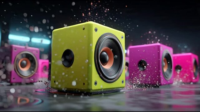 Vibrant speakers in a dynamic 3D animation setting with colorful sound waves and futuristic ambiance