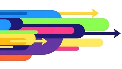 A dynamic abstract illustration featuring multiple colorful horizontal arrows, overlapping and pointing right, creating a sense of rapid movement and forward progress on a white background.