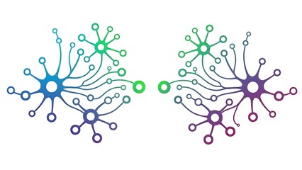 Two artistic neuron-like structures with branching dendrites and interconnected pathways, featuring a vibrant gradient of blue, green, and purple on a clean white background.
