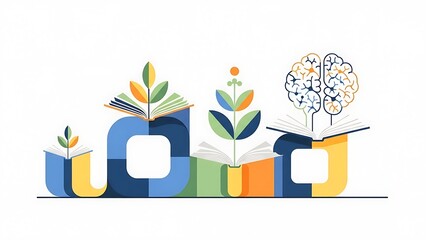 A charming illustration depicting a row of open books with plants growing from them, culminating in a book revealing a detailed human brain, symbolizing learning and knowledge growth.