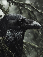 Detailed portrait of a black raven with individual snowflakes visible, perched in a moody winter forest