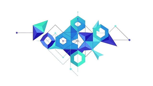 An intricate abstract geometric pattern composed of interconnected blue and green polygons on a clean white background. - Powered by Adobe