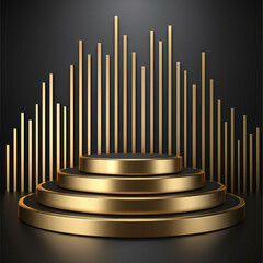 Elegant gold and black three-tiered podium against a backdrop of shimmering vertical gold bars, creating a modern geometric pattern